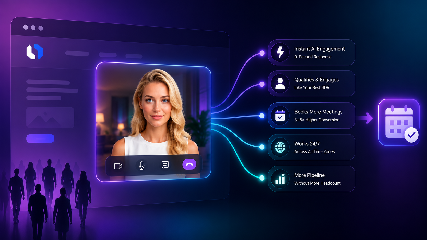 AI SDR video agent engaging inbound website visitors and booking qualified sales meetings automatically