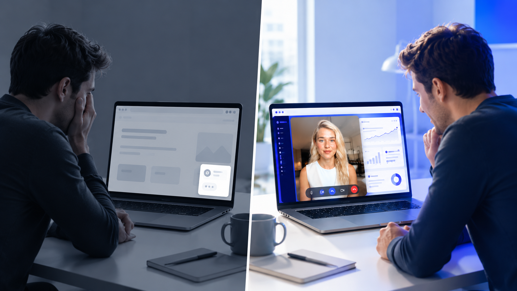 A frustrated website visitor ignoring a generic chatbot widget on the left, contrasted with an engaged visitor in a face-to-face AI SDR conversation on the right — illustrating why chatbots fail to convert leads and what fixes it.